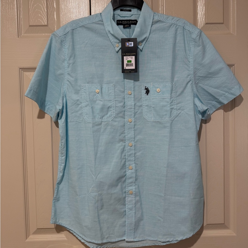 US Polo Assn Short Sleeve Button Up Shirt AQUA COLOR Size Mens LARGE NWT-$46.00